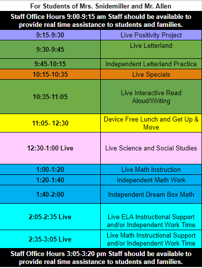 Class Schedule for Snidemiller/Allen Class Schedule for Snidemiller/Allen